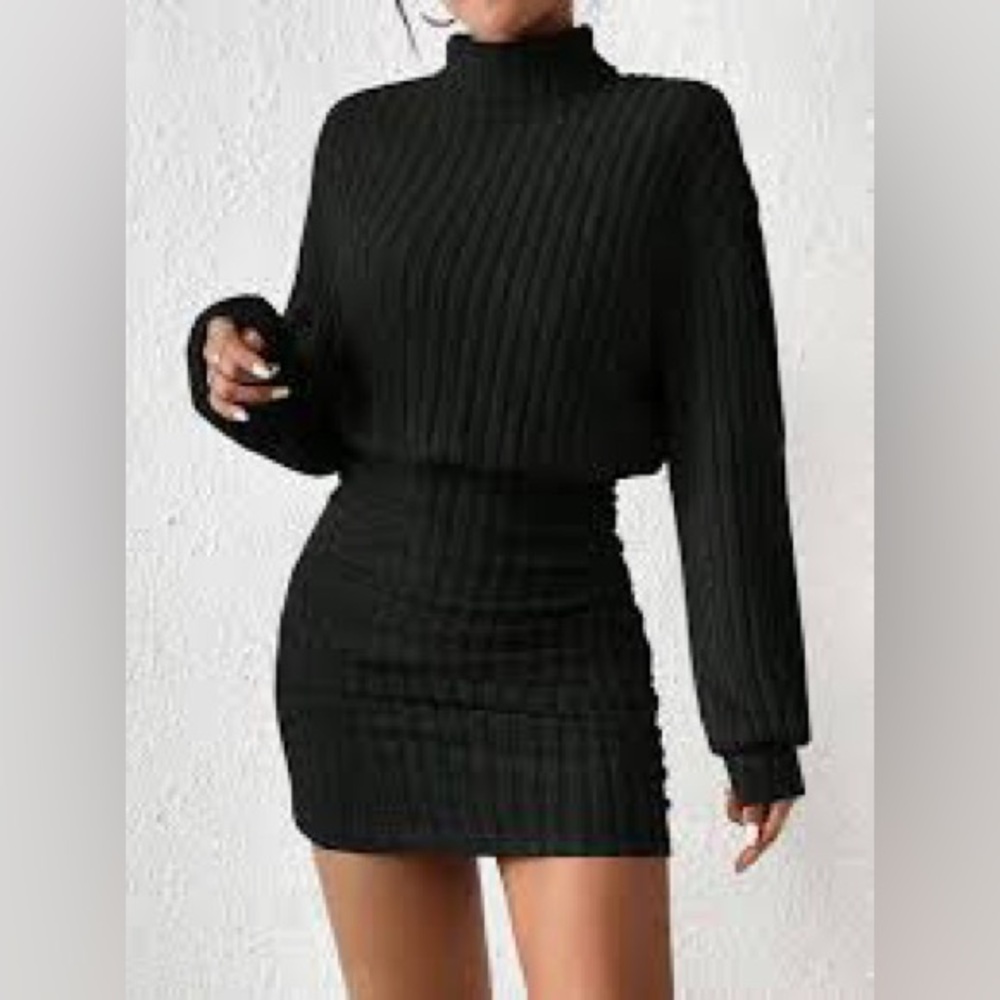 Black Mock Neck Ribbed Short Dress medium‎ NWT